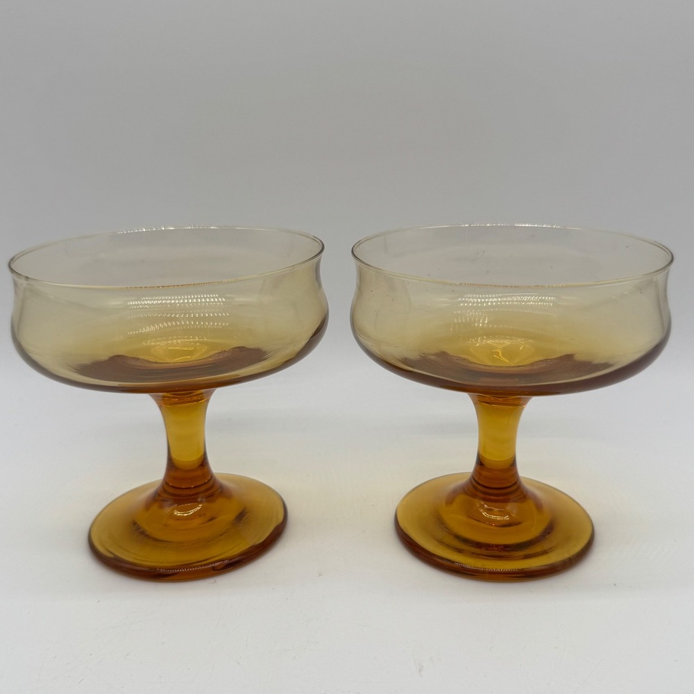 Vintage 1970s Libbey Connoisseur Amber Glass Champagne Coupe Glasses Pair MCM